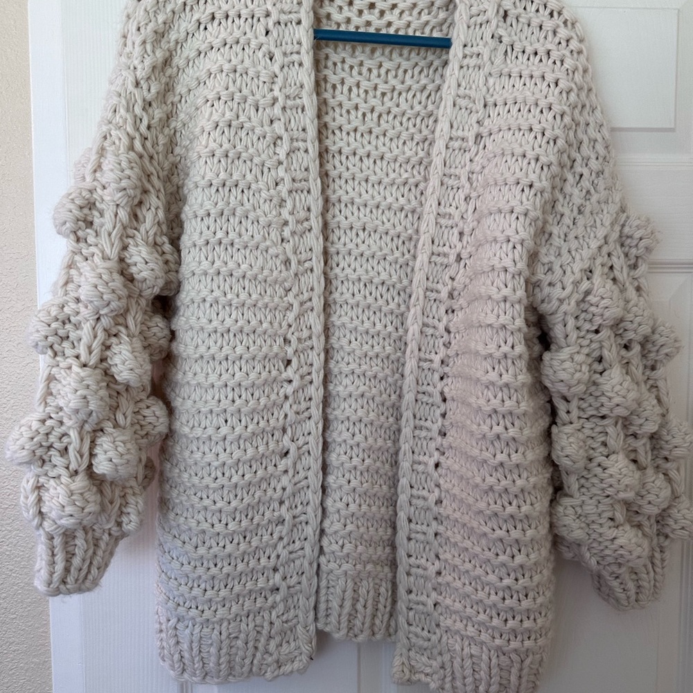 ODDY Cream Chunky Knit Bubble-Sleeve Open Cardigan